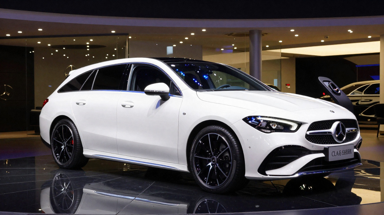 Carro Mercedes-Benz CLA Estate branco exibido em showroom com rodas pretas e faróis acesos.