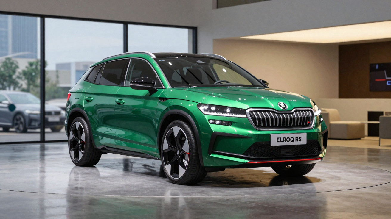 SUV verde metálico Škoda Elroq RS estacionado em showroom moderno com piso brilhante.