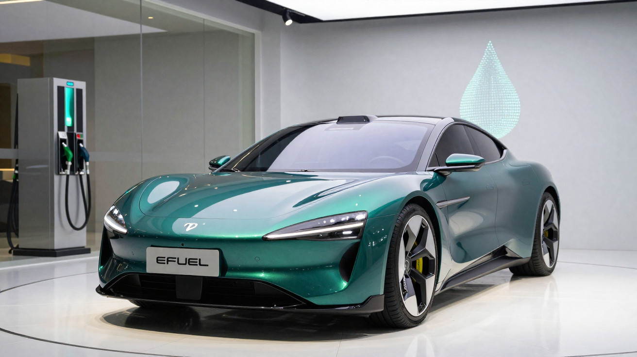 Carro esportivo elétrico verde em exposição, com estação de recarga visível ao fundo.