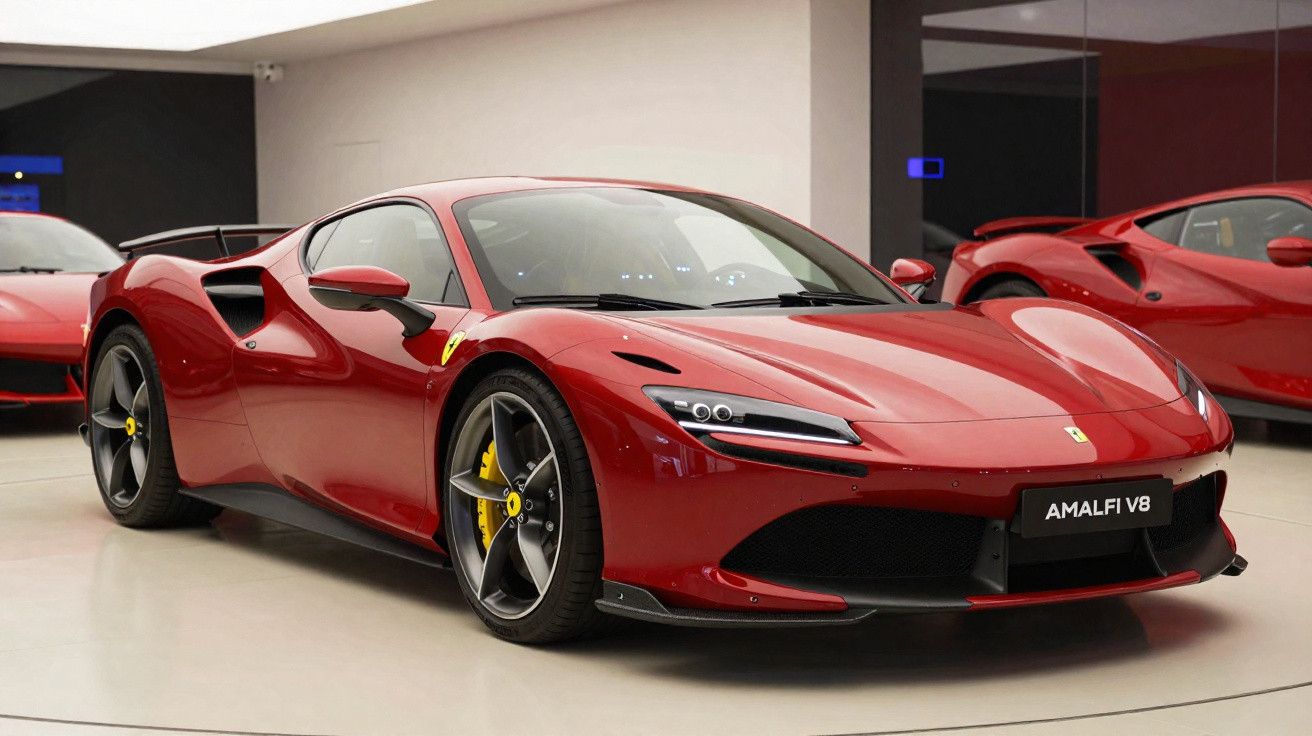 Carro esportivo vermelho Ferrari Amalfi V8 em exposição interna com detalhes em preto e rodas pretas.