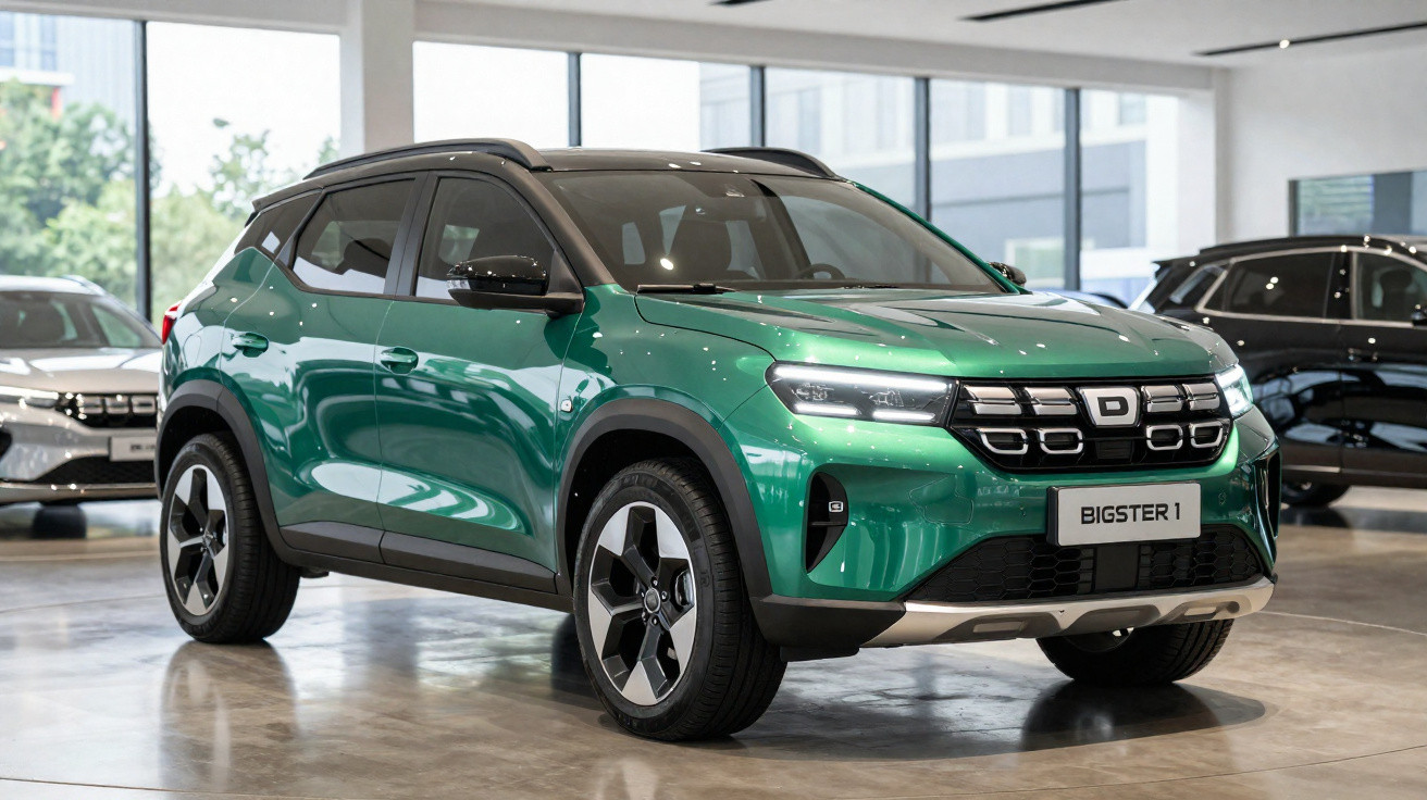 SUV verde com teto preto estacionado em uma concessionária com outros carros ao fundo.