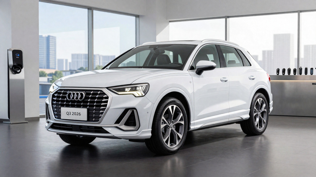 SUV Audi Q3 2026 branco estacionado em ambiente interno moderno com carregador elétrico próximo.