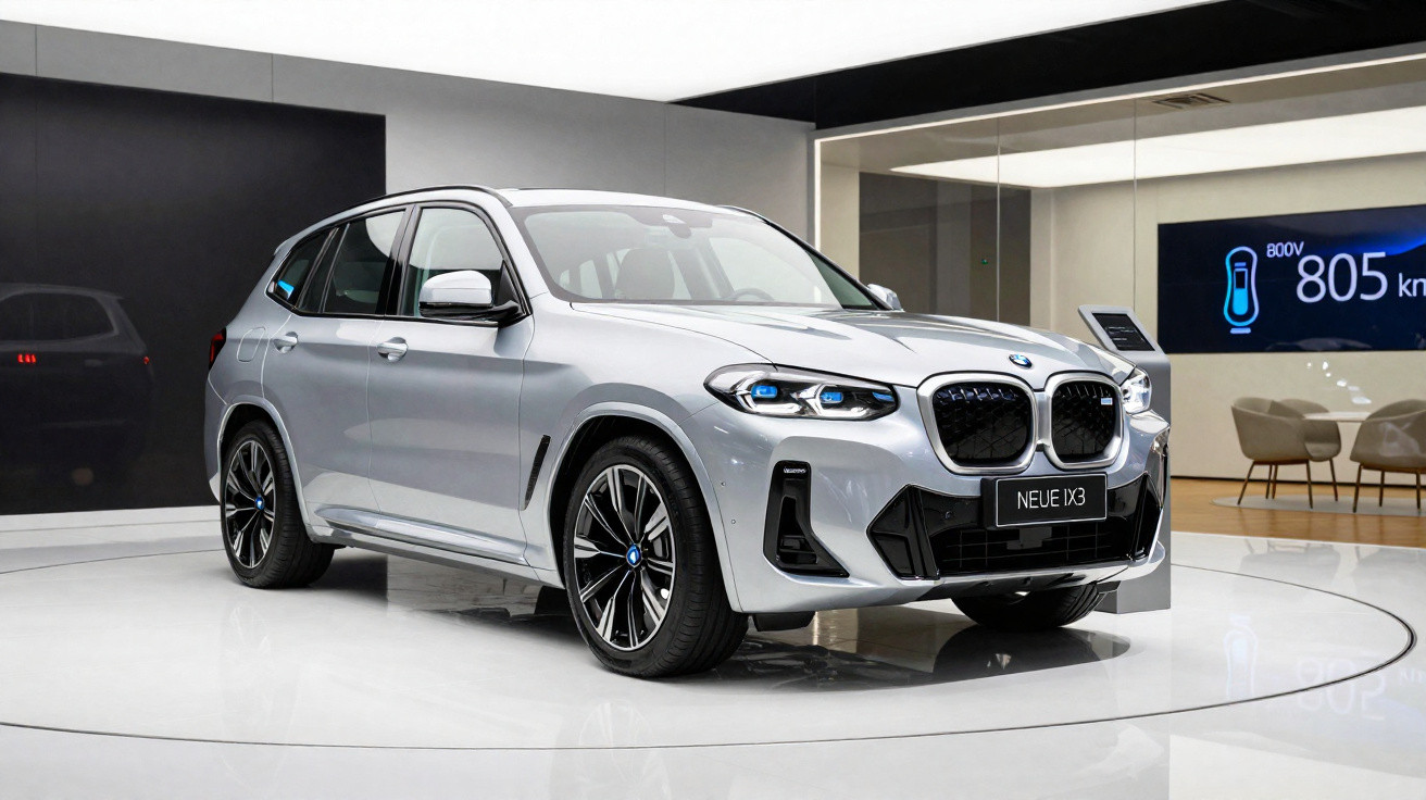 Carro elétrico BMW iX3 prata exposto em showroom moderno com painel digital ao fundo.