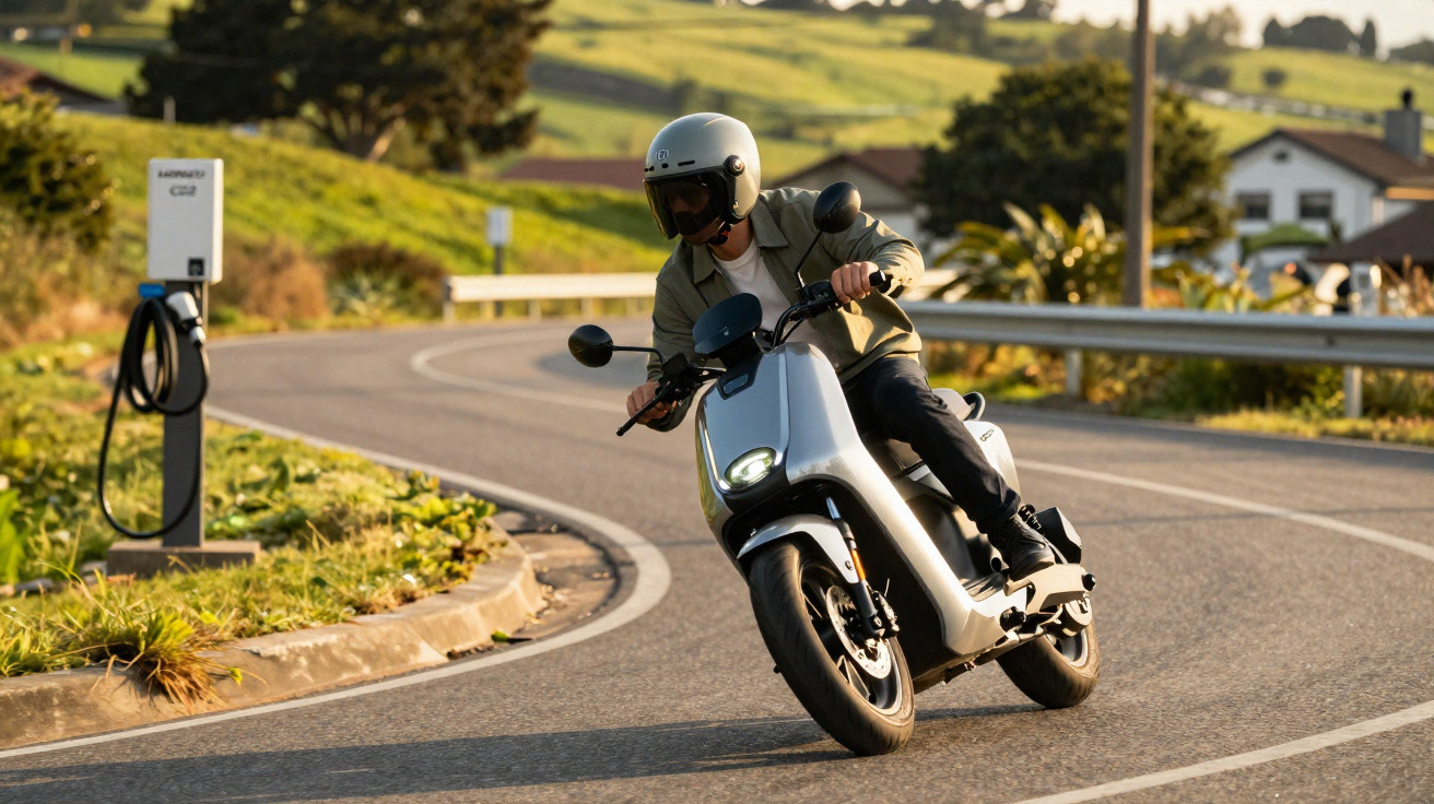 Pessoa com capacete pilotando scooter elétrica em curva de estrada cercada por área verde e casas.