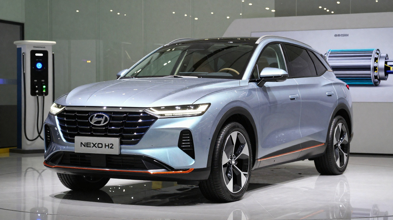 Carro elétrico Hyundai NEXO H2 cinza em exposição com carregador ao fundo.