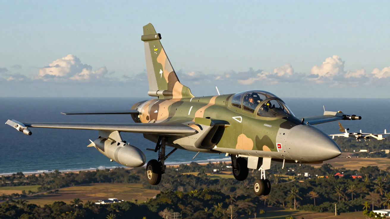 Avião militar de caça camuflado voando sobre área costeira com mar e florestas ao fundo.
