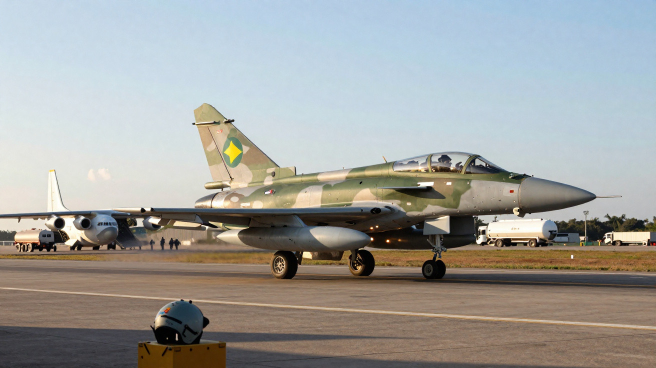 Avião de caça com camuflagem verde e cinza da Força Aérea Brasileira em pista de aeroporto militar.