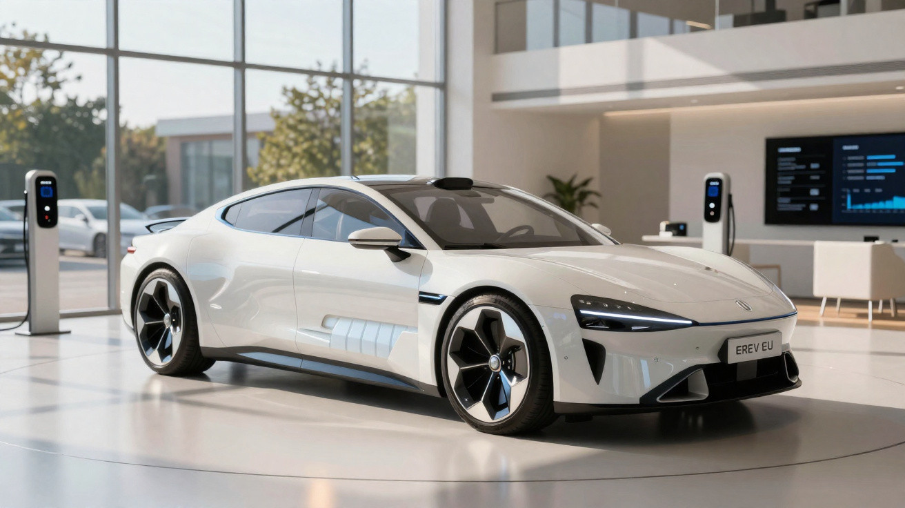 Carro esportivo elétrico branco estacionado em showroom moderno com estações de carregamento.
