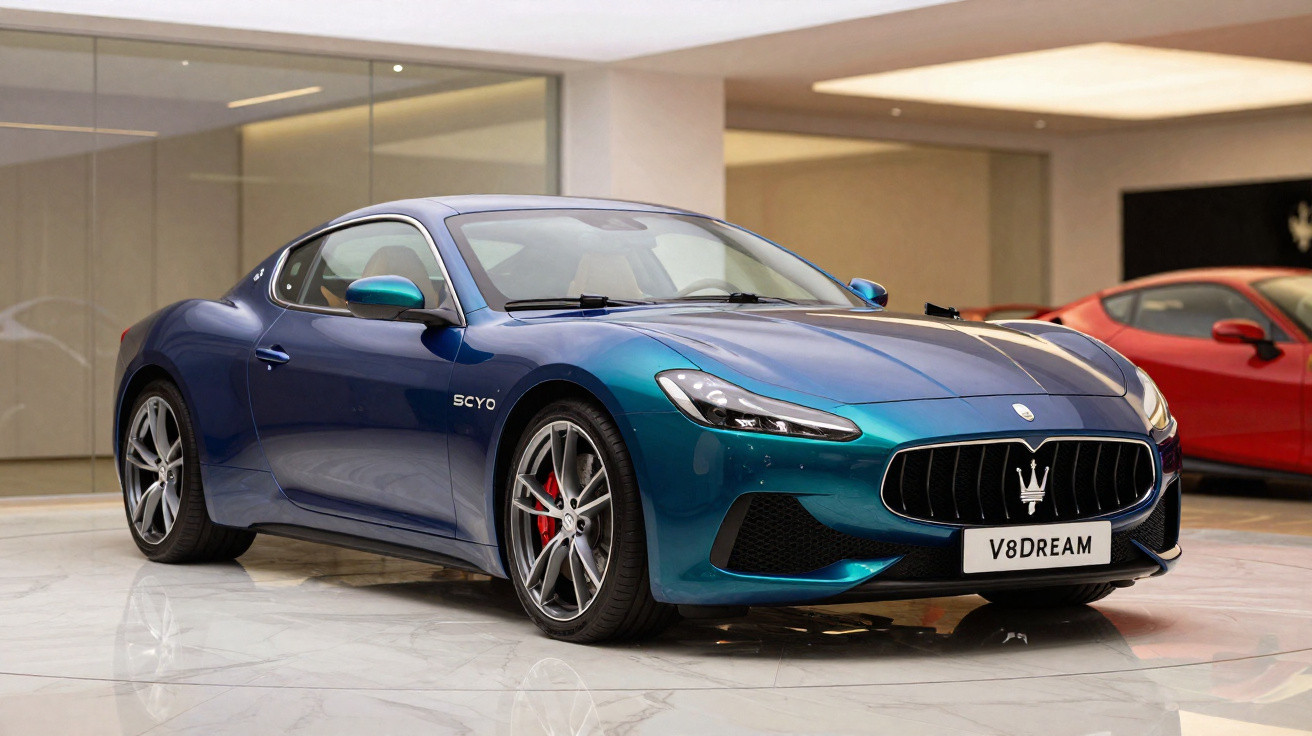 Carro esportivo Maserati azul metálico com placa V8DREAM em showroom moderno e iluminado.
