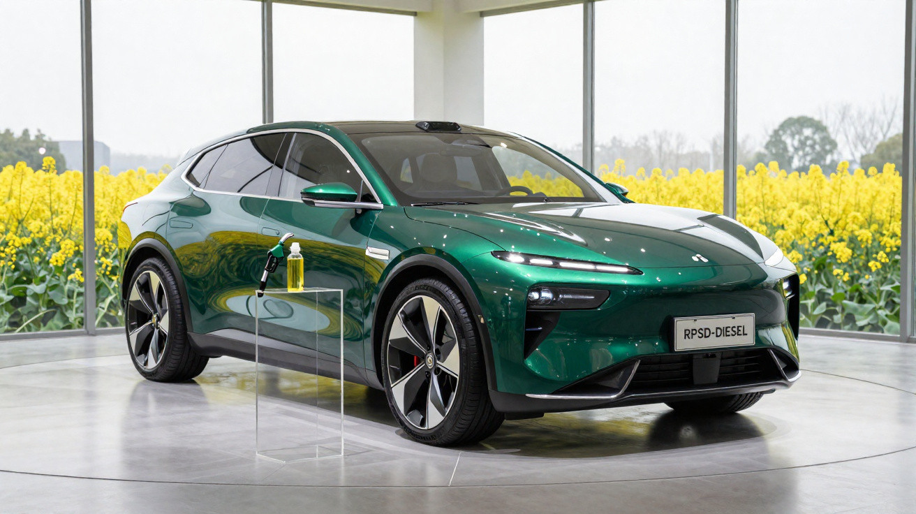 Carro elétrico verde escuro exibido em ambiente claro com janelas grandes e campo amarelo ao fundo.