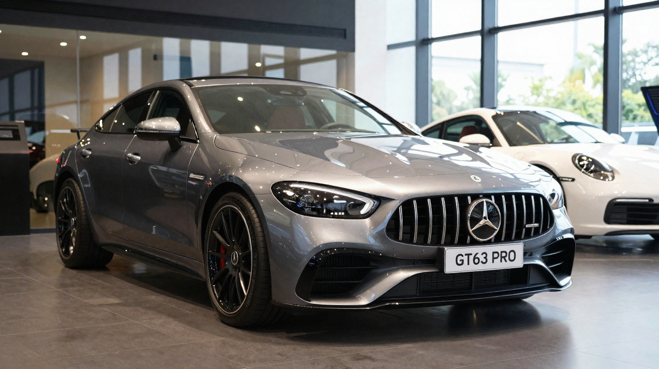 Carro Mercedes-Benz cinza prata GT63 PRO estacionado em showroom moderno com outro carro branco ao fundo.