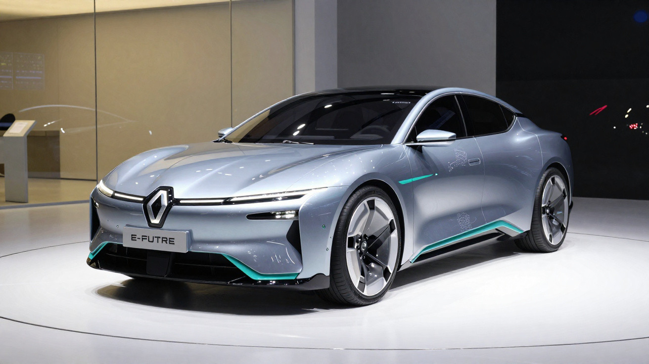 Carro elétrico Renault E-FUTRE prata exposto em ambiente interno com iluminação branca.