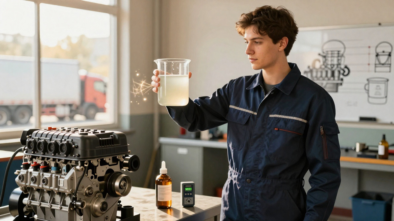 Jovem técnico em macacão azul segura copo com líquido em laboratório ao lado de motor industrial.