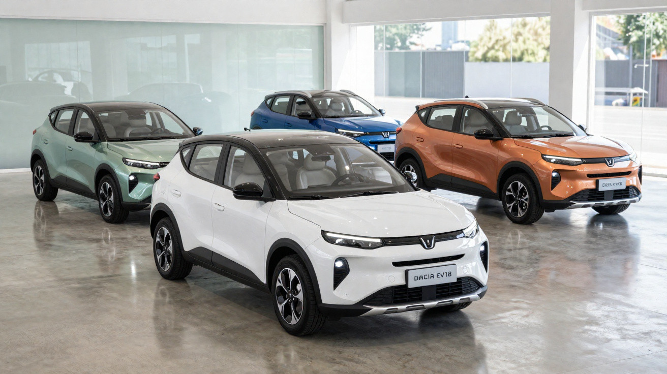 Quatro carros elétricos Dacia EV18 estacionados em showroom bem iluminado e espaçoso.