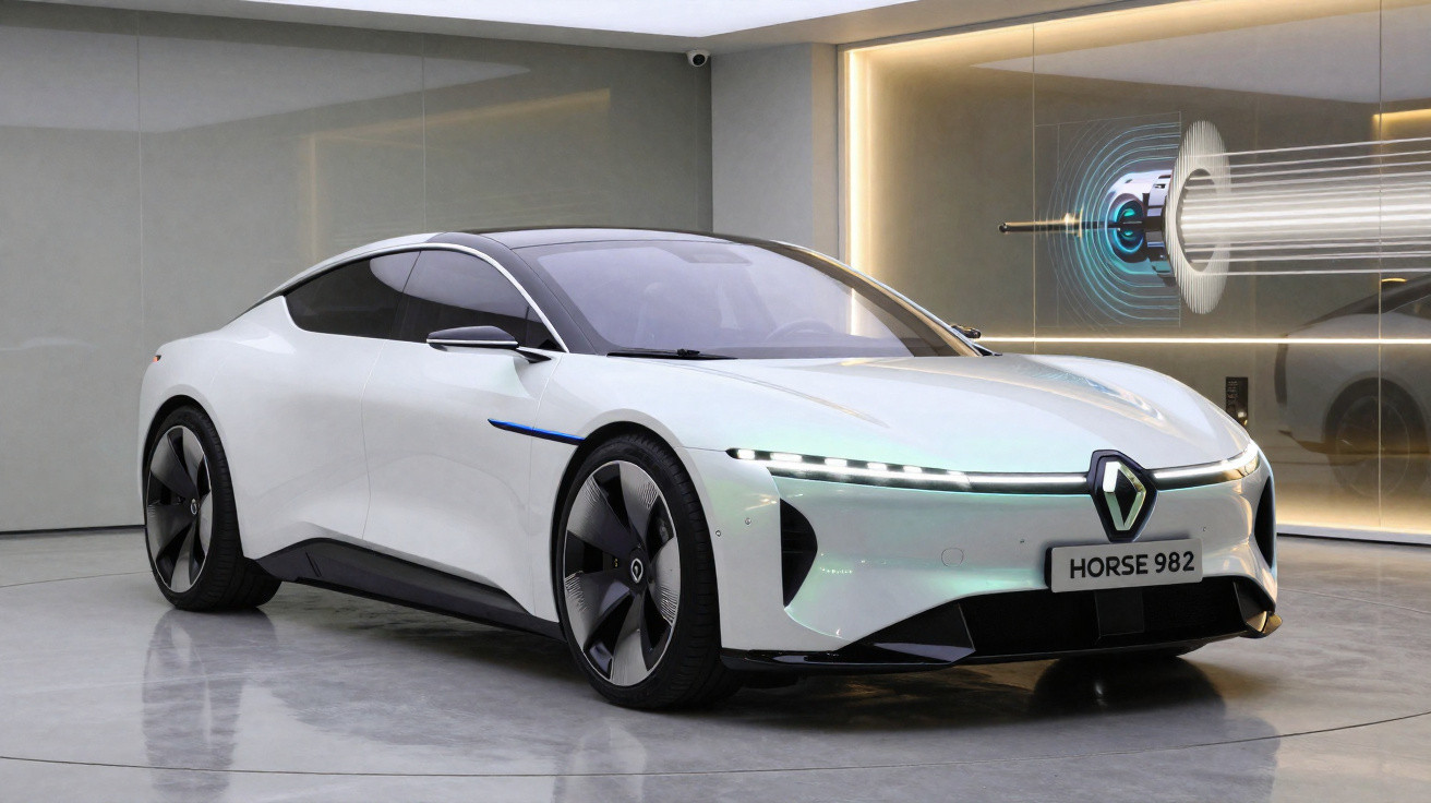 Carro elétrico branco conceito da Renault em ambiente interno moderno com iluminação suave.