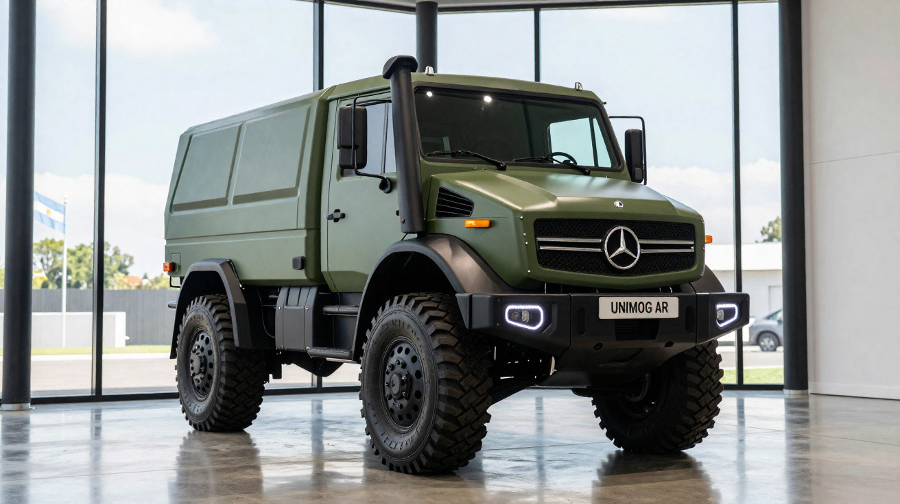 Caminhão Mercedes-Benz Unimog AR verde militar em ambiente interno com grandes janelas.