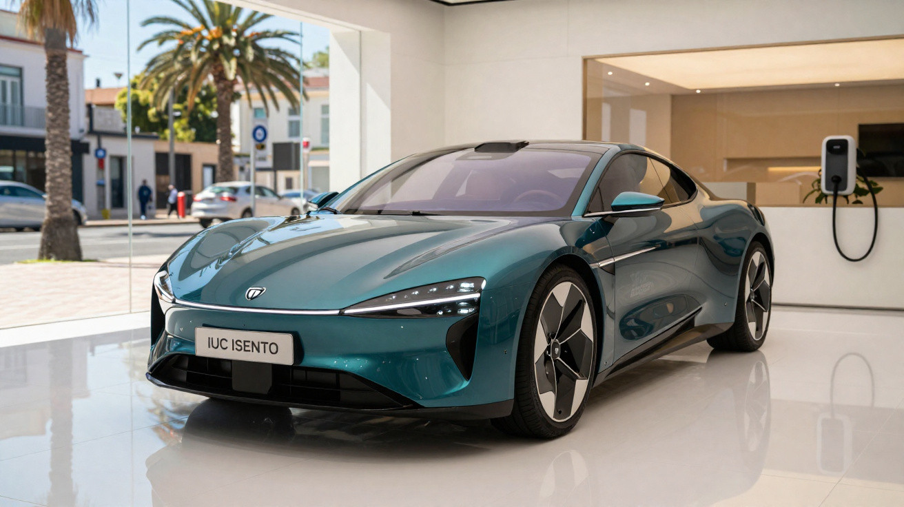 Carro elétrico esportivo azul exibido em showroom moderno com estação de carregamento na parede.