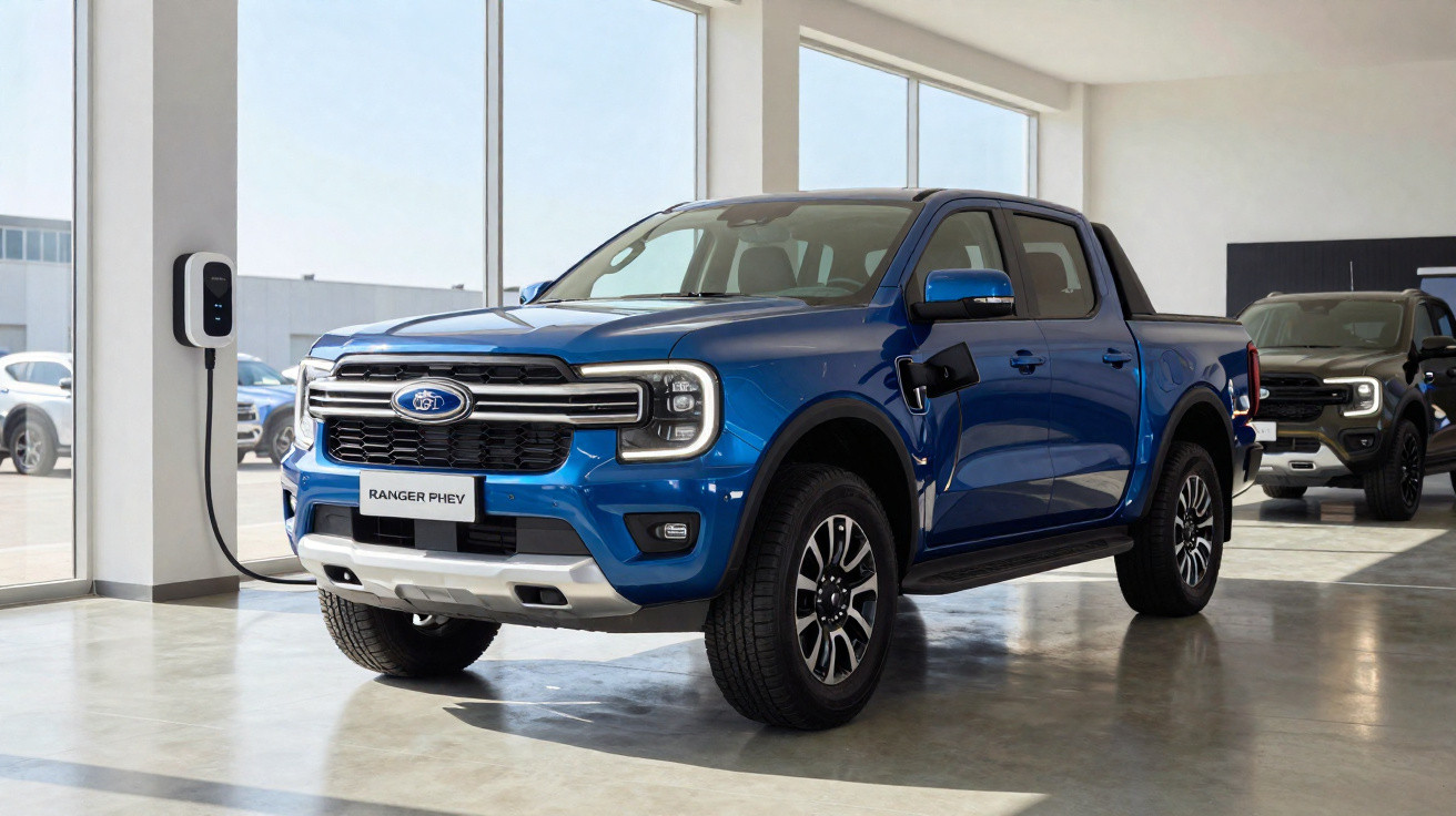 Picape azul Ford Ranger PHEV carregando em estação elétrica dentro de showroom moderno.