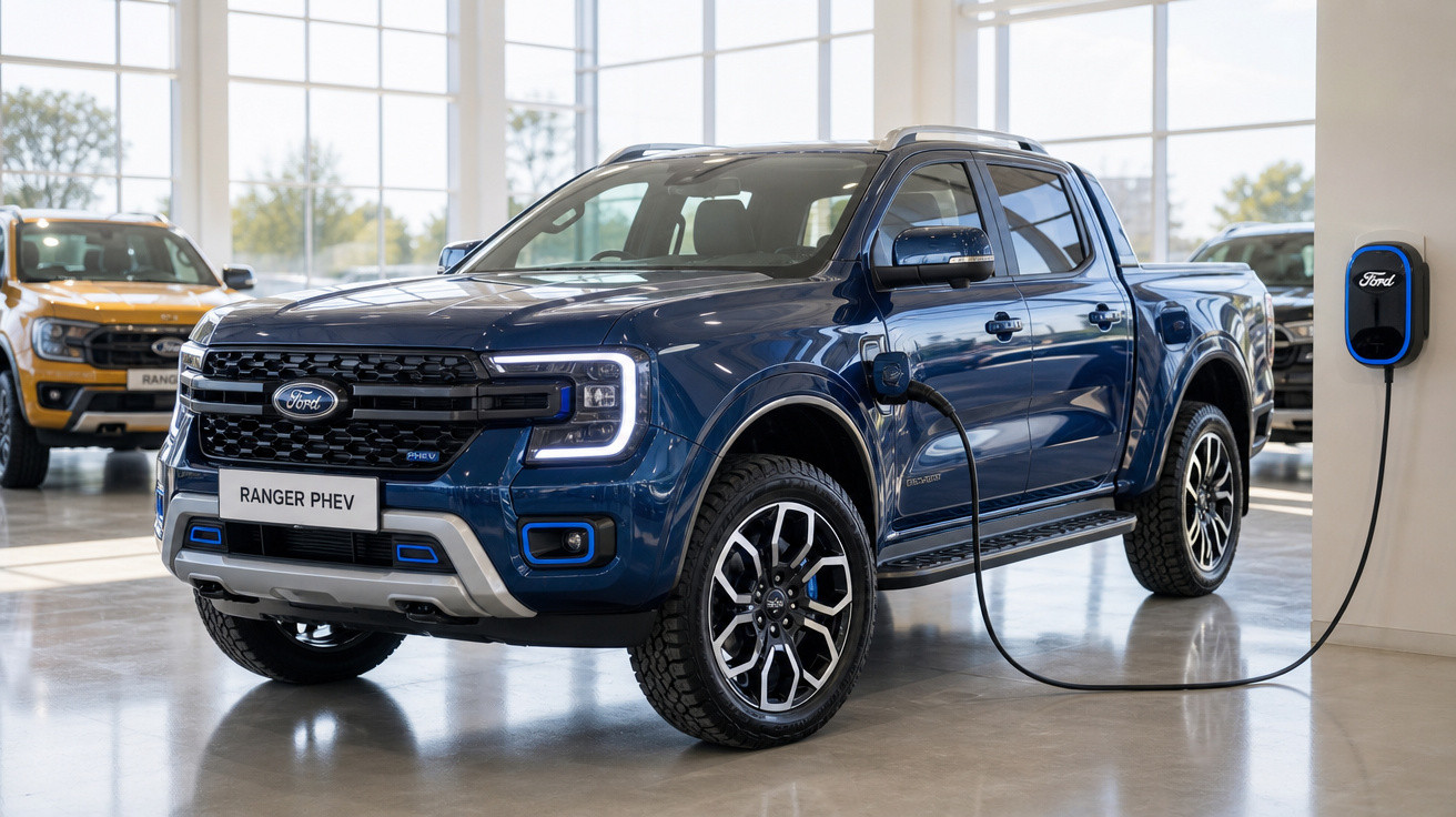 Picape Ford Ranger PHEV azul conectada ao carregador elétrico em showroom moderno e iluminado.
