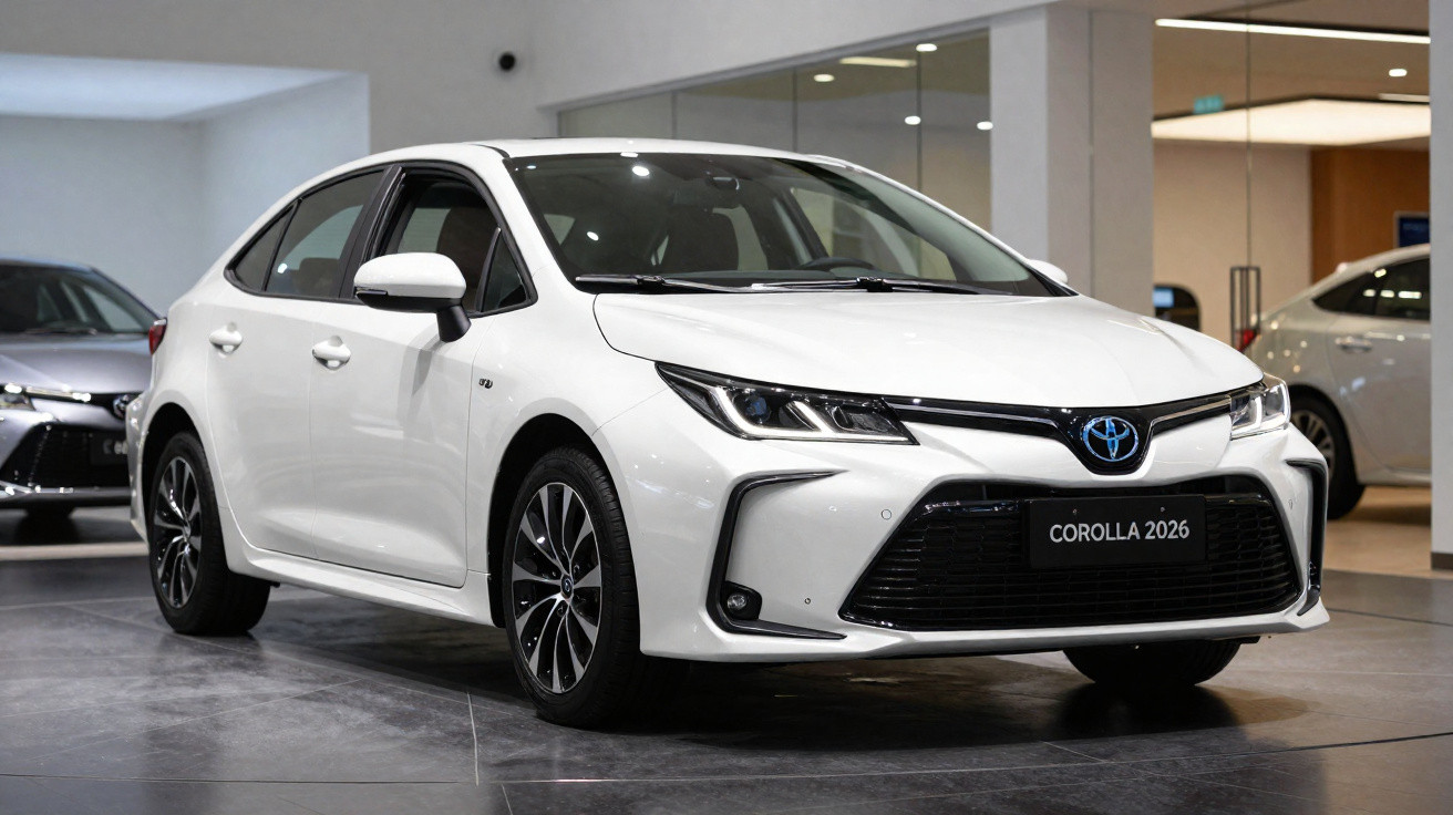 Carro Toyota Corolla 2026 branco em exposição em showroom com teto baixo e iluminação interna.