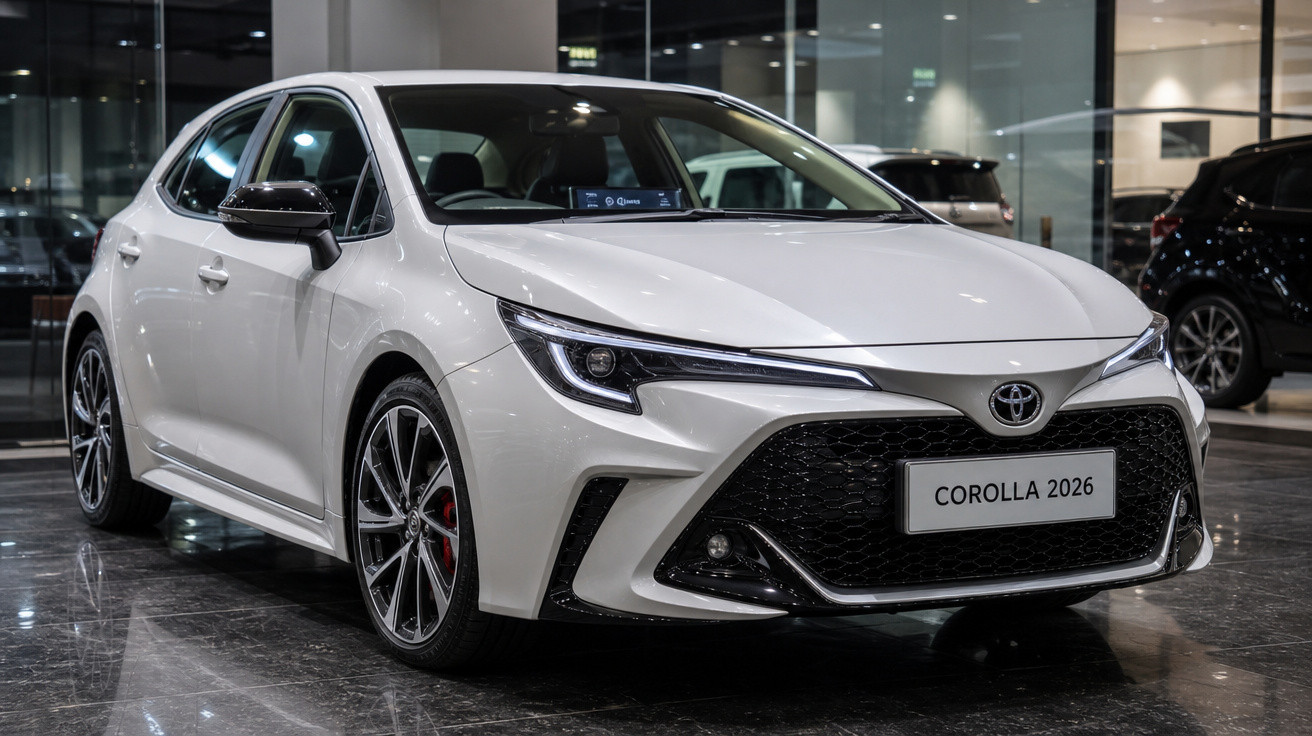 Carro branco Toyota Corolla 2026 em exposição, vista frontal em ambiente interno iluminado.