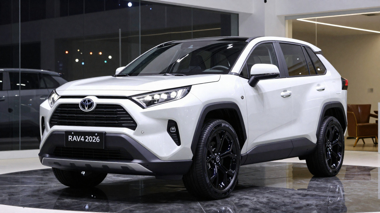 Carro Toyota RAV4 2026 branco em exposição dentro de showroom moderno e iluminado.