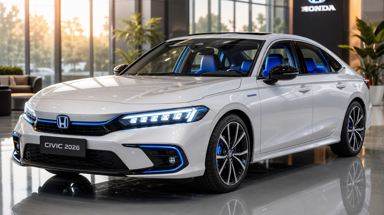 Carro Honda Civic 2026 branco exibido em showroom moderno com assentos azuis.