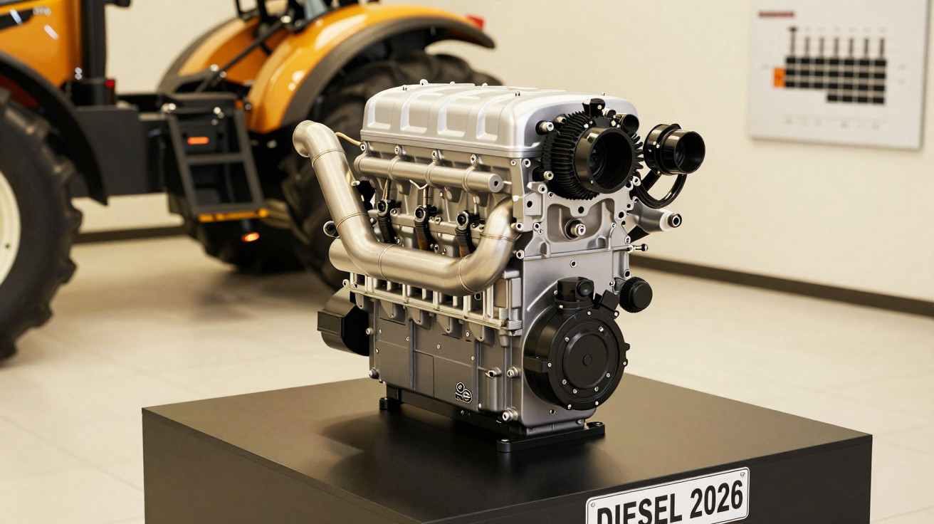 Motor diesel prateado exposto em pedestal preto com trator amarelo desfocado ao fundo.