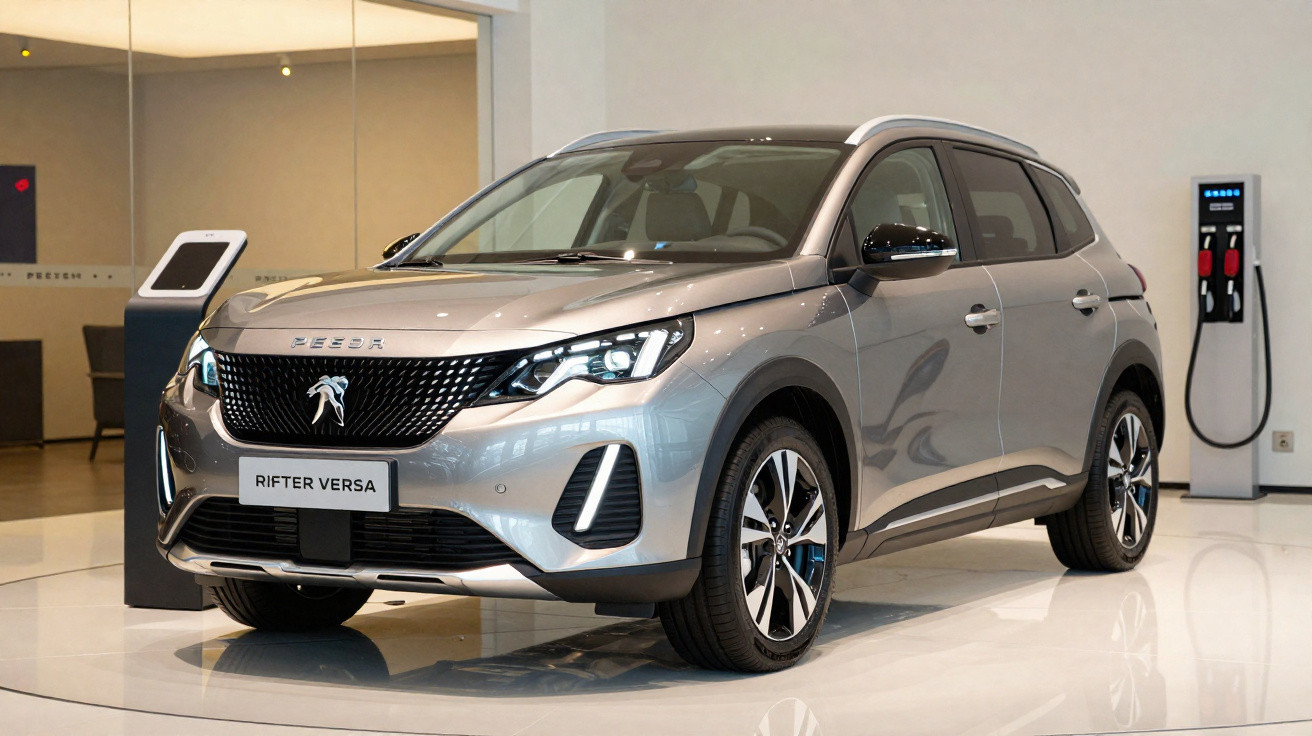 Carro Peugeot Rifter Versa prata estacionado em showroom moderno com piso branco e equipamentos eletrônicos.