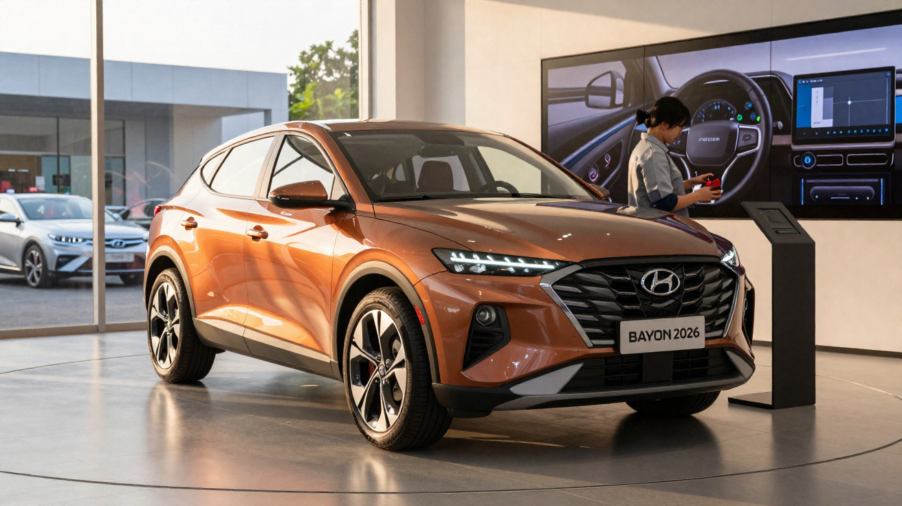 Carro Hyundai Bayon 2026 laranja exposto em showroom moderno com tela digital ao fundo.