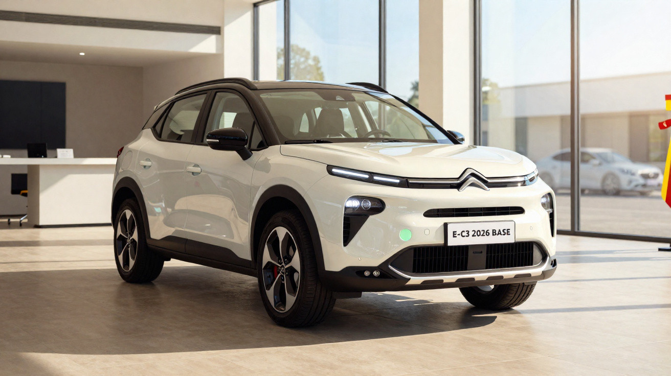 SUV elétrico Citroën E-C3 2026 branco em showroom com teto preto e rodas esportivas.