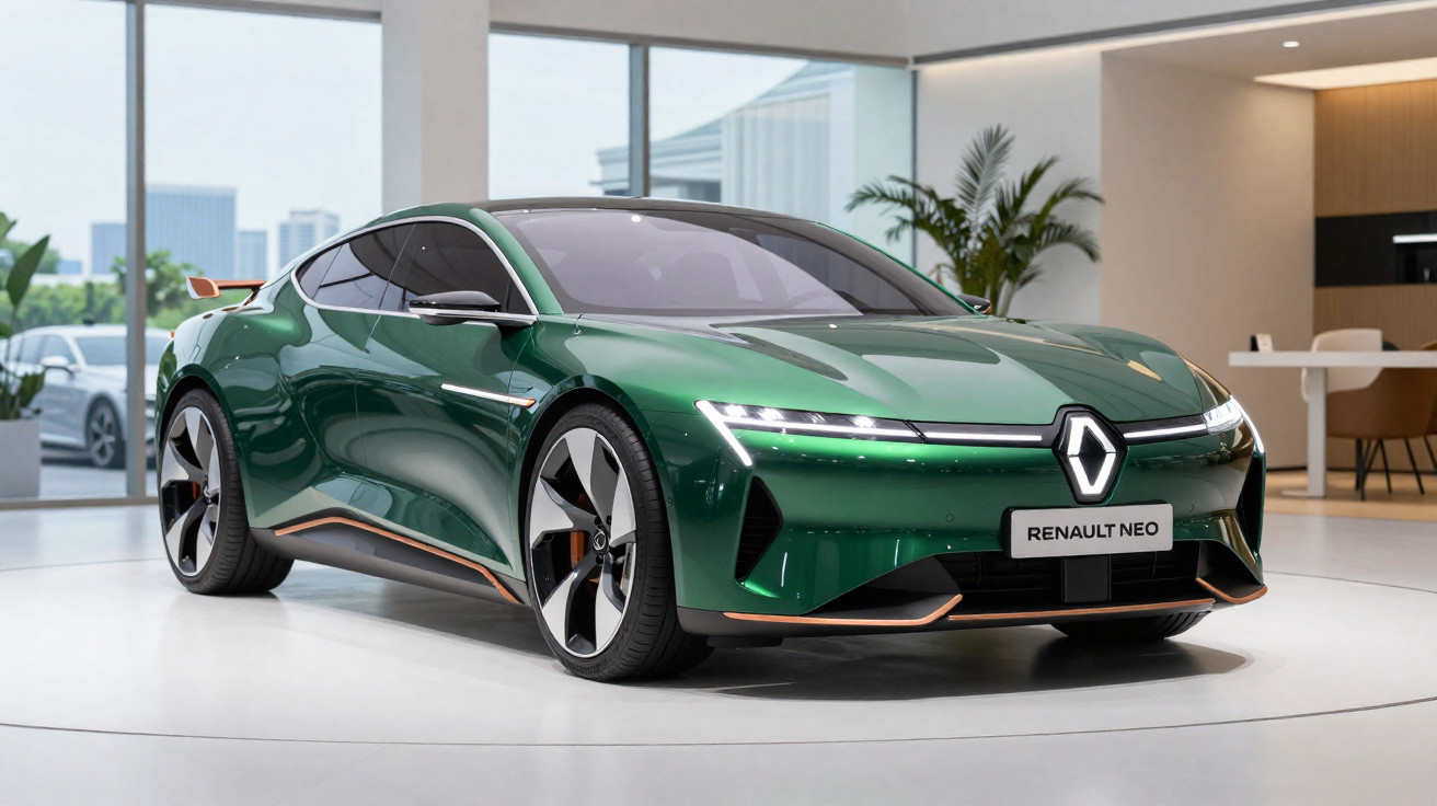 Carro esportivo elétrico verde Renault Neo em exposição interna, com design moderno e linhas aerodinâmicas.