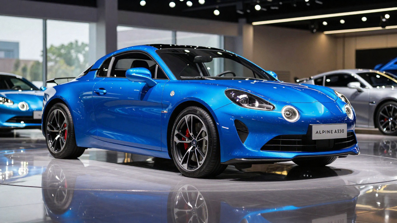 Carro esportivo azul Alpine A330 exposto em showroom moderno com iluminação de teto.