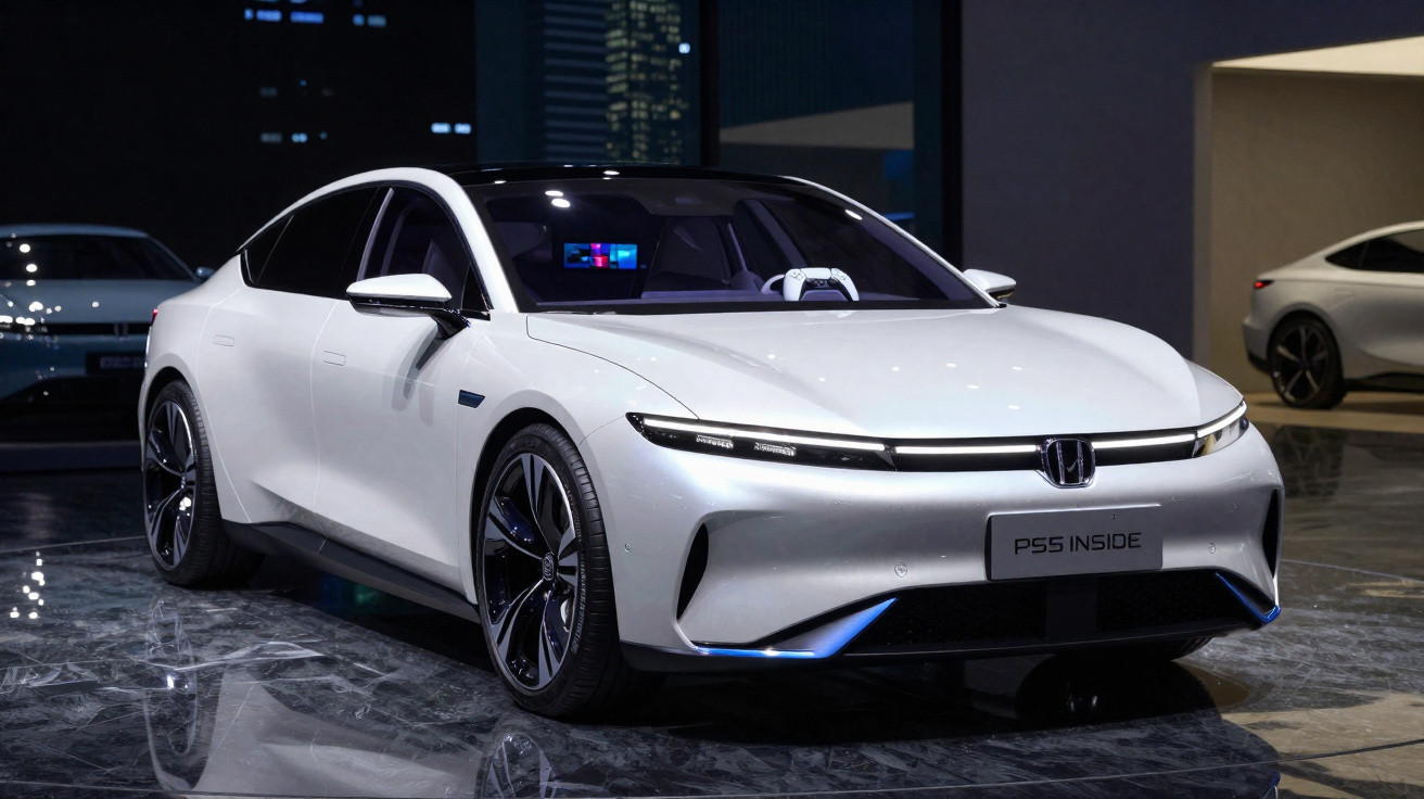 Carro elétrico branco elegante estacionado em ambiente interno com piso refletivo sob luzes artificiais.