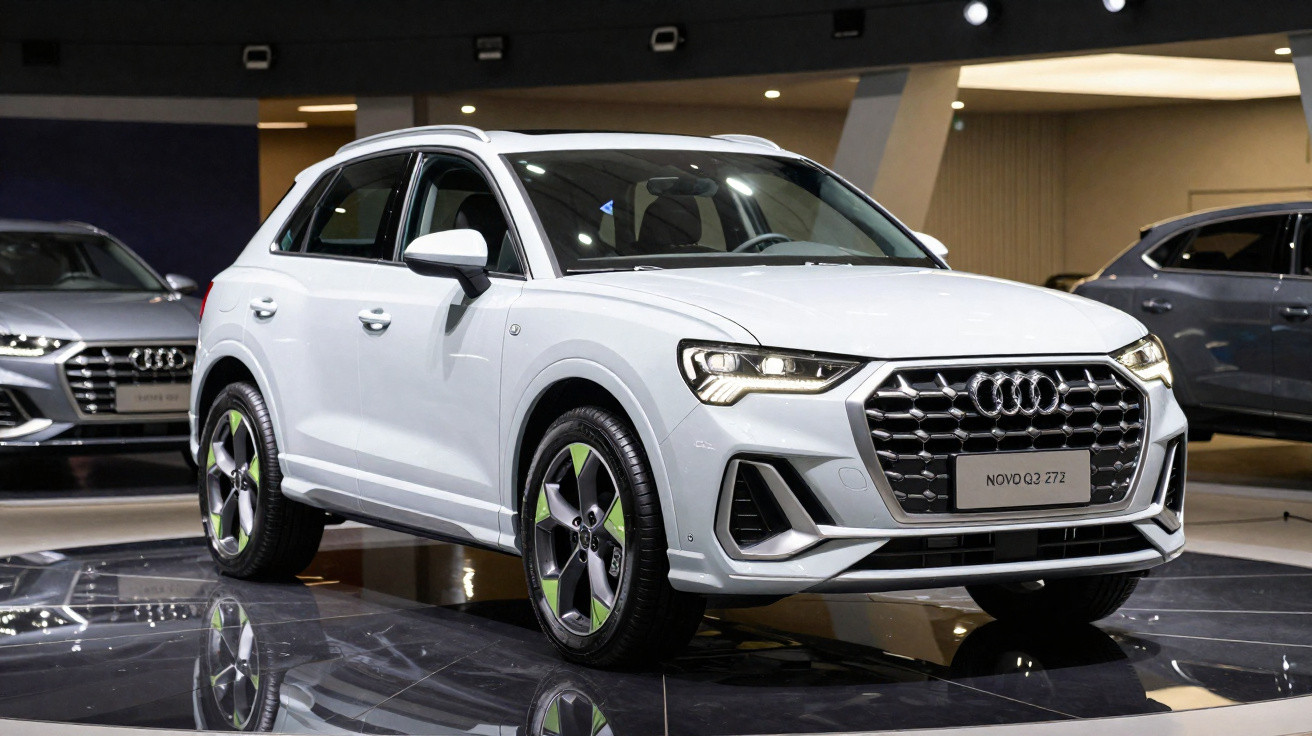 Audi SUV branco exposto em showroom moderno com iluminação destacando detalhes do veículo.