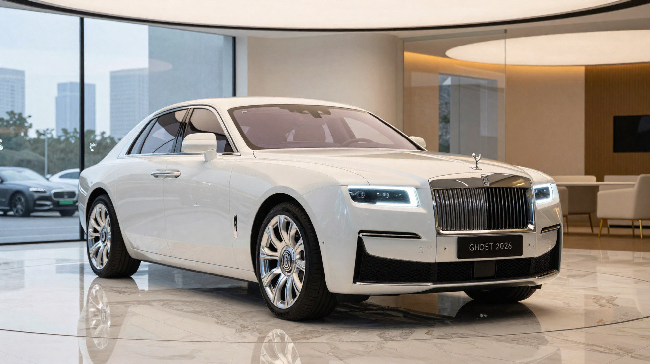 Carro branco Rolls-Royce Ghost 2026 exibido em showroom moderno com piso de mármore refletivo.