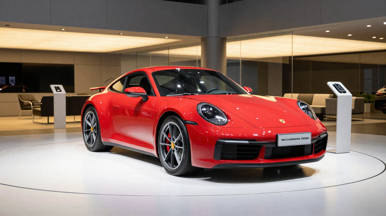 Carro esportivo vermelho Porsche 911 Carrera 2020 exposto em showroom moderno e iluminado.
