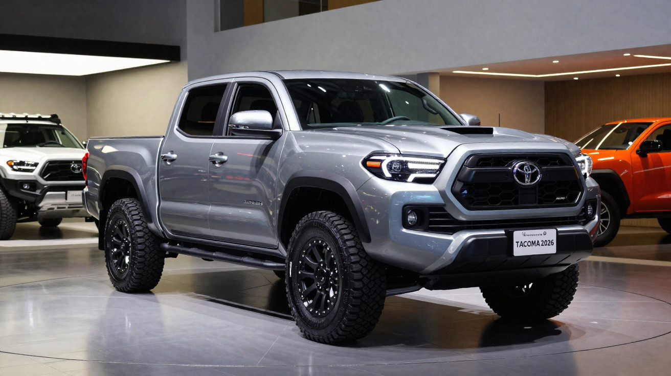 Picape Toyota Tacoma 2026 prata exibida em showroom moderno e iluminado.