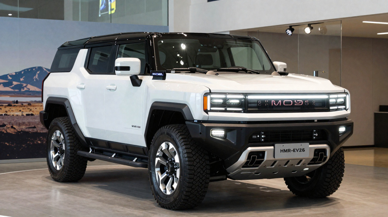 SUV elétrico branco Hummer EV26 exibido em ambiente interno moderno.