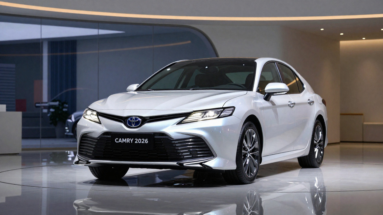 Carro sedã branco Toyota Camry 2026 exposto em ambiente interno moderno e iluminado.