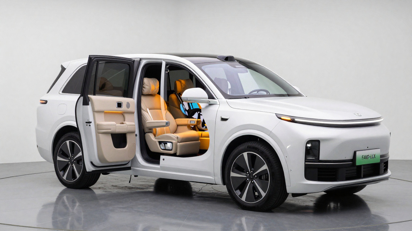 SUV branco com portas dianteiras abertas mostrando interior bege com bancos de couro e painel digital.