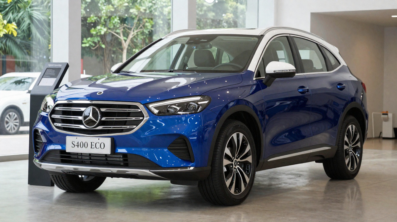 SUV Mercedes-Benz S400 ECO azul em showroom com teto branco e grade frontal cromada.