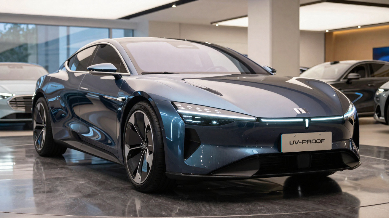 Carro elétrico azul metálico com design futurista exposto em showroom moderno e iluminado.