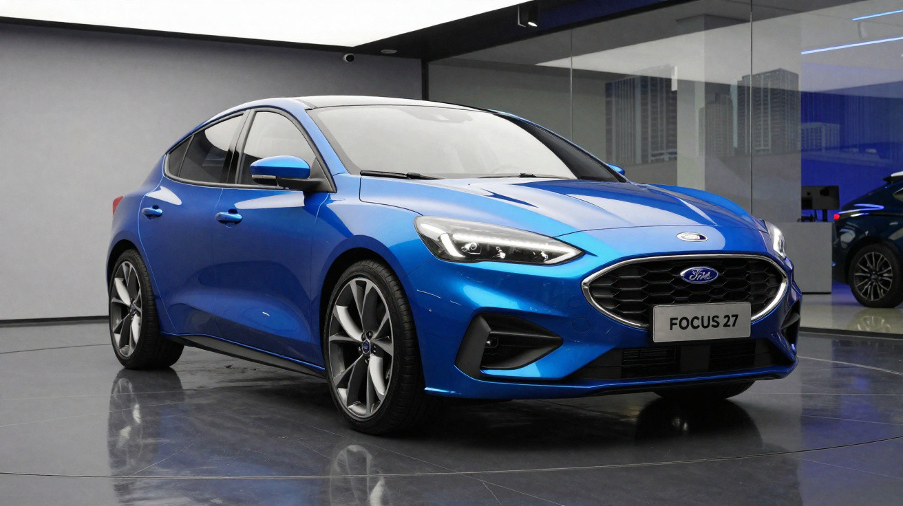 Carro Ford Focus 27 azul exibido em ambiente interno com piso refletivo e parede espelhada.