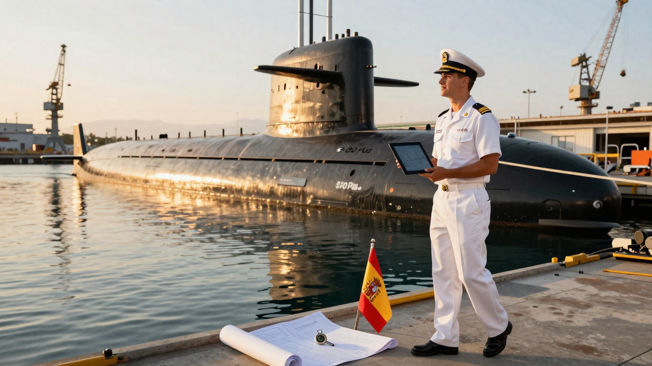Oficial naval em uniforme branco segurando tablet ao lado de submarino atracado com bandeira da Espanha.