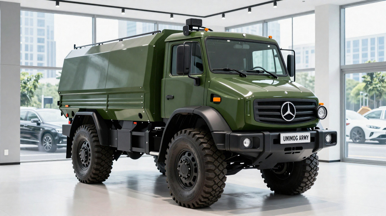 Caminhão militar Mercedes-Benz Unimog verde em área interna moderna com grandes janelas de vidro.