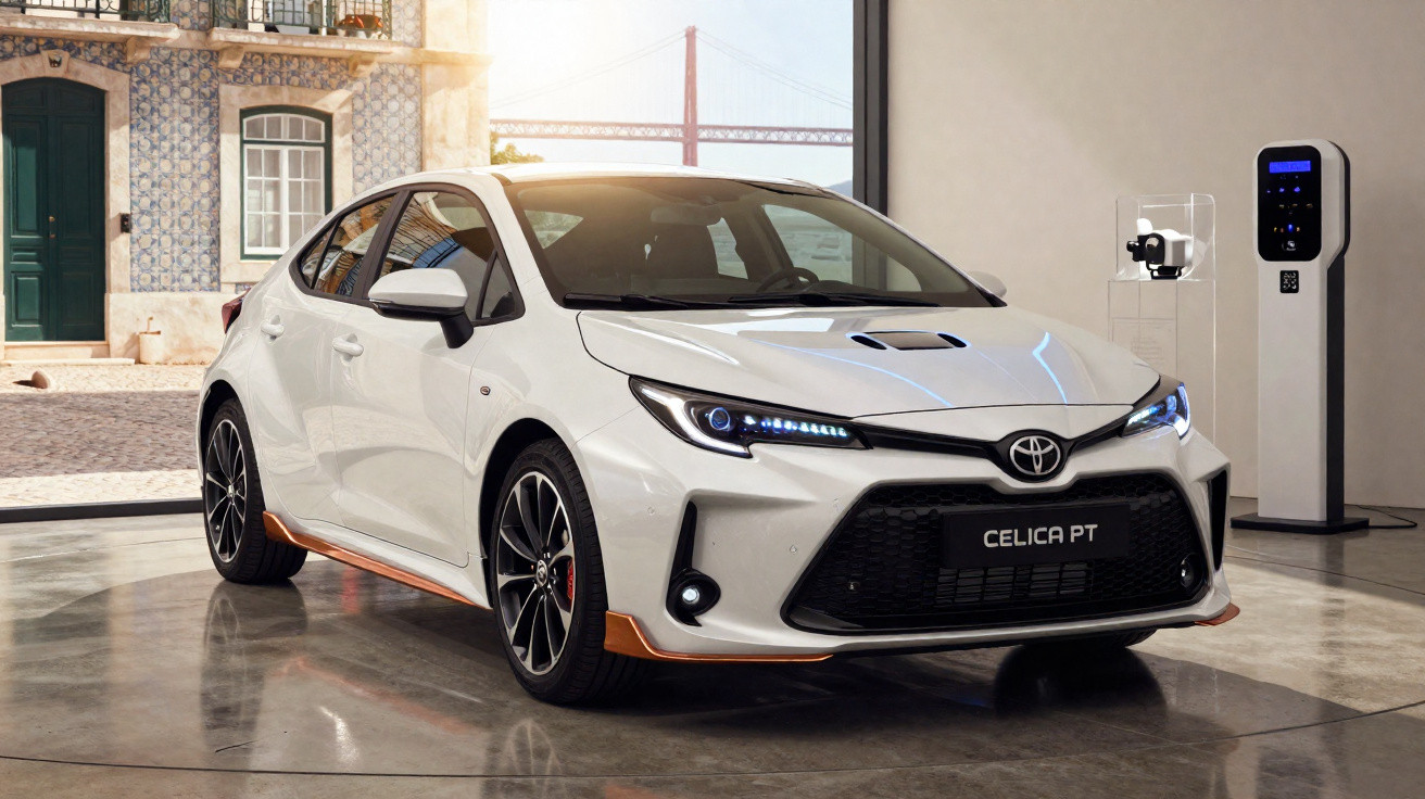 Carro branco Toyota Celica PT estacionado em ambiente interno com parede de azulejos e estação de carregamento elétrica.