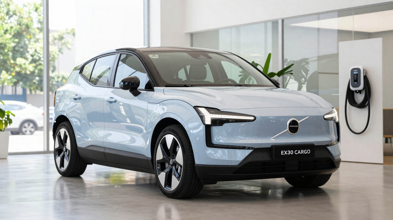 Carro elétrico Volvo EX30 Cargo cinza estacionado em showroom moderno com estação de recarga ao fundo.
