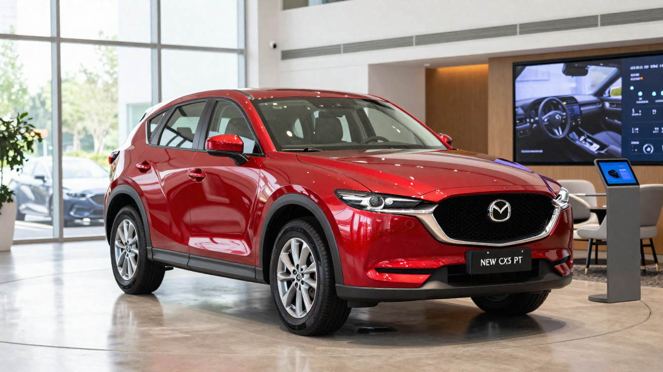 Carro vermelho Mazda CX-5 novo exposto em showroom moderno com interior sofisticado ao fundo.