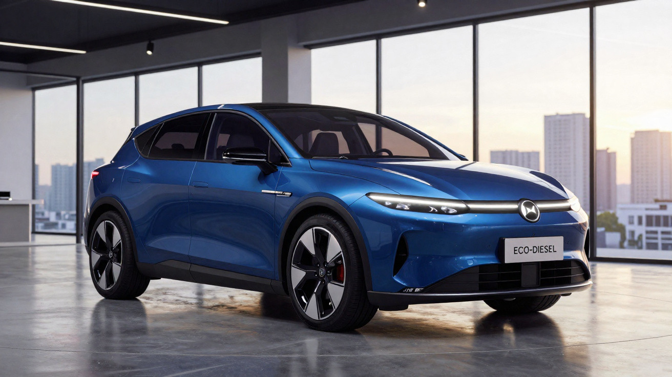 Carro SUV elétrico azul estacionado em ambiente interno com janelas grandes e vista urbana ao fundo.